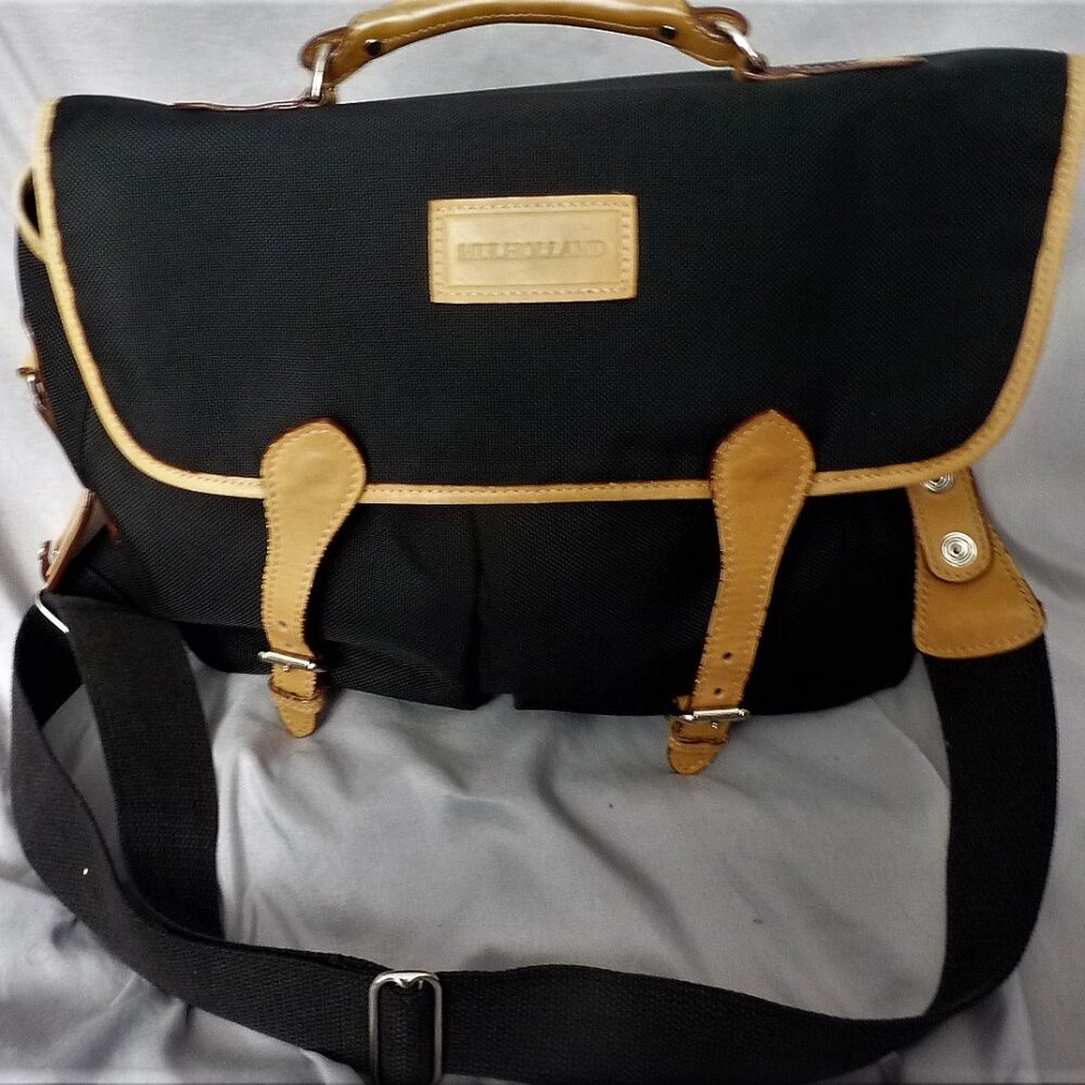 MULHOLLAND BLACK CANVAS LEATHER BRIEFCASE MESSENGER BAG